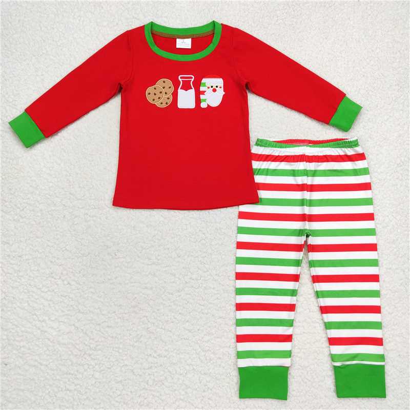 Baby Girls boys Christmas style Santa Claus cookies milk print red red and green stripes Sibling Rompers Clothes Sets
