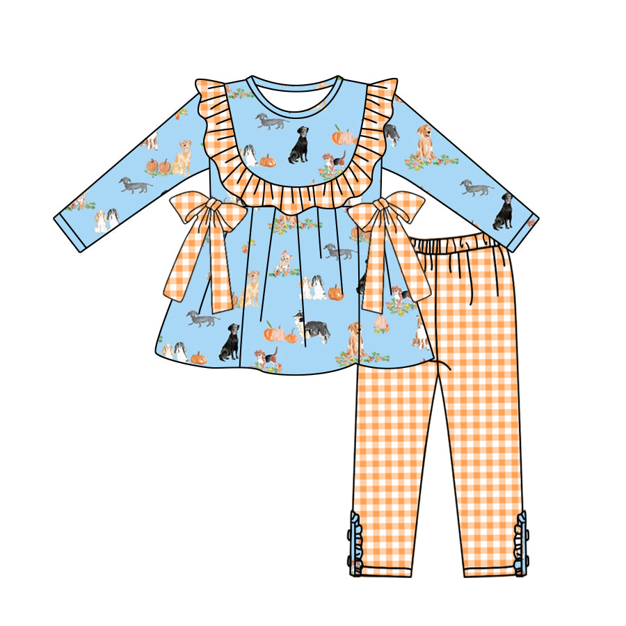5.11custom each style moq 5eta 4-5week Sibling Sister Border collie golden retriever beagle prints orange-blue boys and girls outfits and baby romper and dress match family design