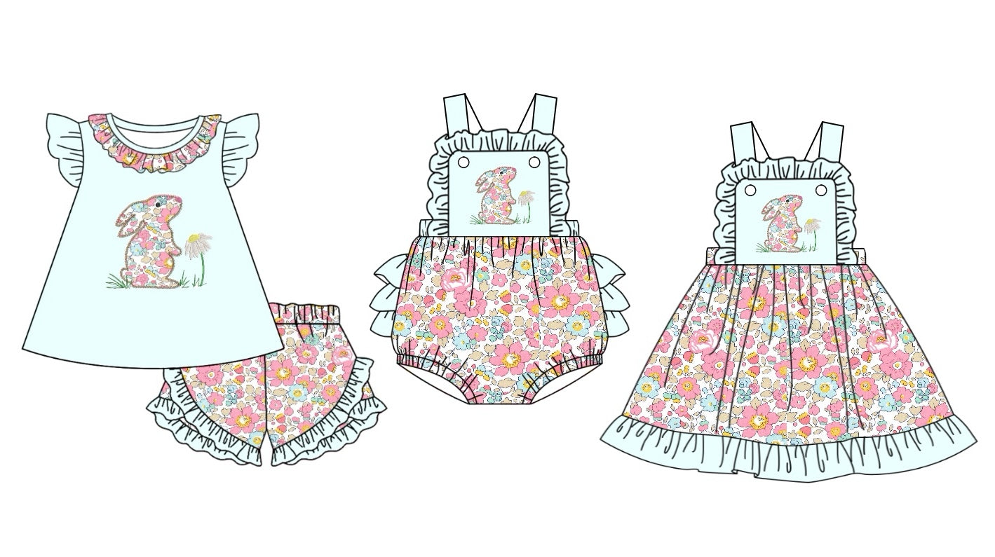 11.6 custom each style moq 5eta 4-6week Sibling Sister easter floral baby girl short sleeve shorts sets and dress and rompers match family design