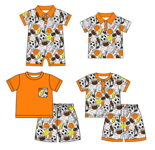 4.4 custom each style moq 5eta 4-6week Sibling Sister football baby boy sets 1 and sets 2 and boy rompers and top match family design