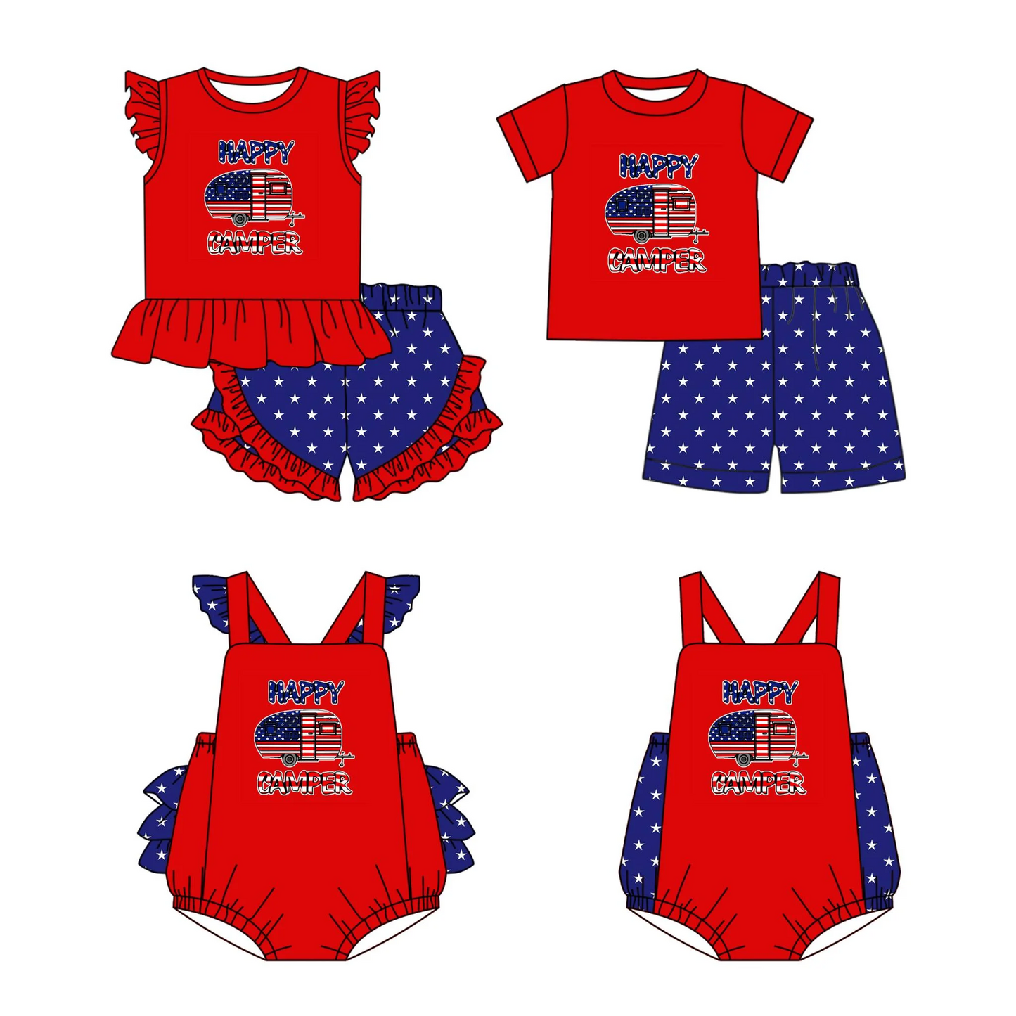 5.17custom each style moq 5eta 4-5week Sibling Sister HAPPY CAMPER print red girls and boys outfits and baby romper match family design