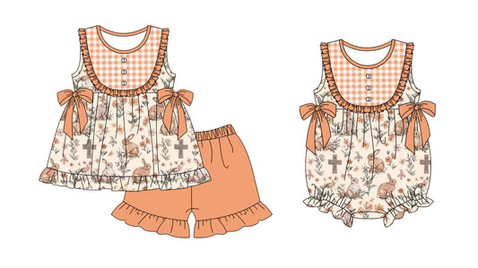 11.26 custom each style moq 5eta 4-6week Sibling Sister easter bunny floral baby boy short sleeve shorts sets and rompers match design