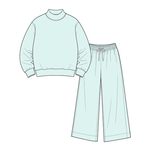 custom moq 5 mix size Baby Kids Mint Long Sleeve Top Drawstring Long Pants Casual Wear Set