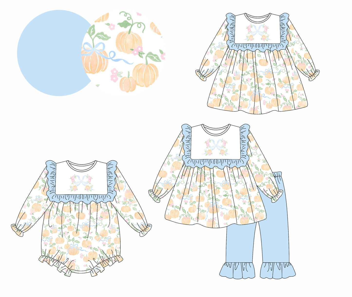 25.5.13 custom each style moq 5eta 4-6week Sibling Sisters pumpkin bow baby girl long sleeve pants sets and dress and rompers match family design