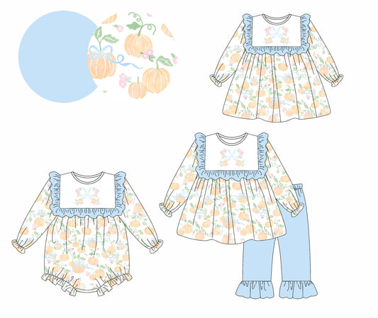 25.5.13 custom each style moq 5eta 4-6week Sibling Sisters pumpkin bow baby girl long sleeve pants sets and dress and rompers match family design