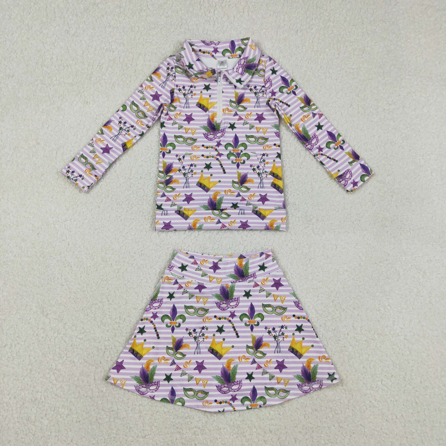 RTS NO MOQ（In Stock) GT1369+GLK0167 Carnival Mask Purple Striped Zipper Yoga Long-Sleeve Top Skirt set