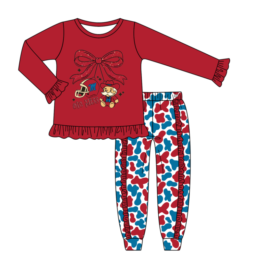 Custom moq 5 mix size milk silk summer team baby boy clothes camouflage bow red long sleeve pants sets-25.8.8