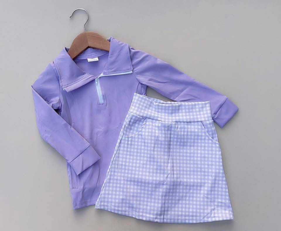 RTS NO MOQ ETA 5/7days Arrived GLD0985 Pure purple zipper long-sleeved plaid skirt yoga set
