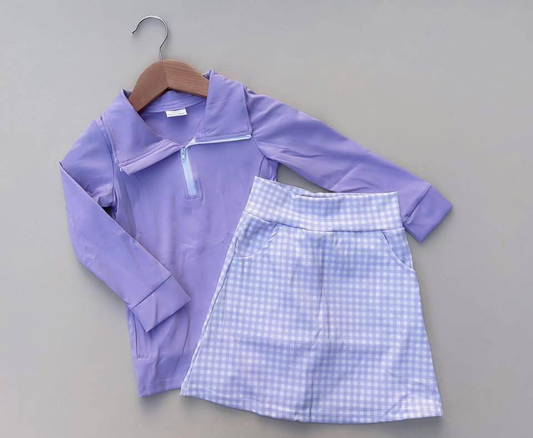 RTS NO MOQ ETA 5/7days Arrived GLD0985 Pure purple zipper long-sleeved plaid skirt yoga set