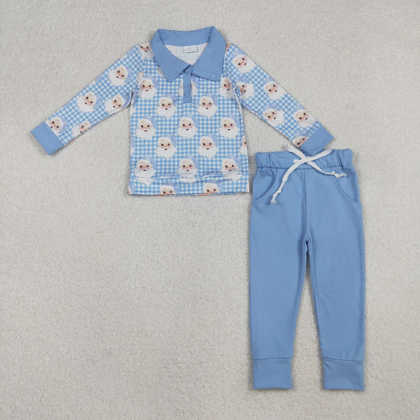 12/18m-7/8t RTS NO MOQ（In Stock) BLP1295 Santa Claus blue plaid button-down long-sleeved pants set