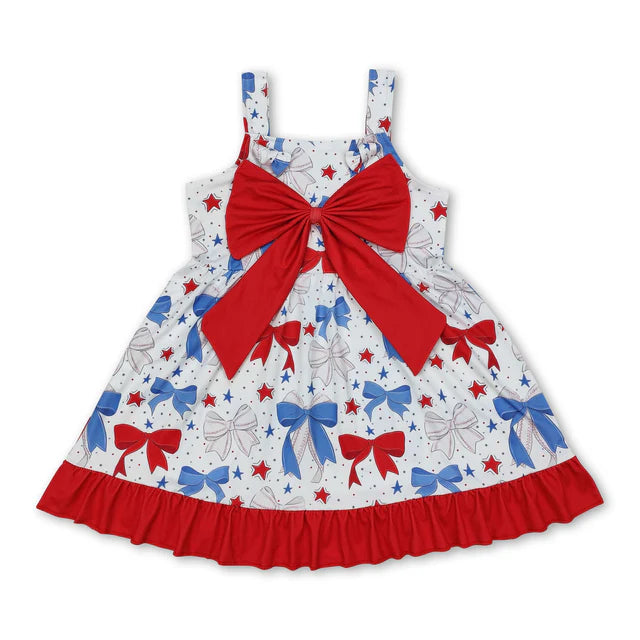 RTS NO MOQ Sibling Baby Girls Strap Bows Cows 4th of July Western Ruffle Knee Length Dresses