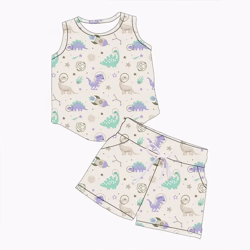 Custom summer baby girls and boy clothes sleevekess shorts set
