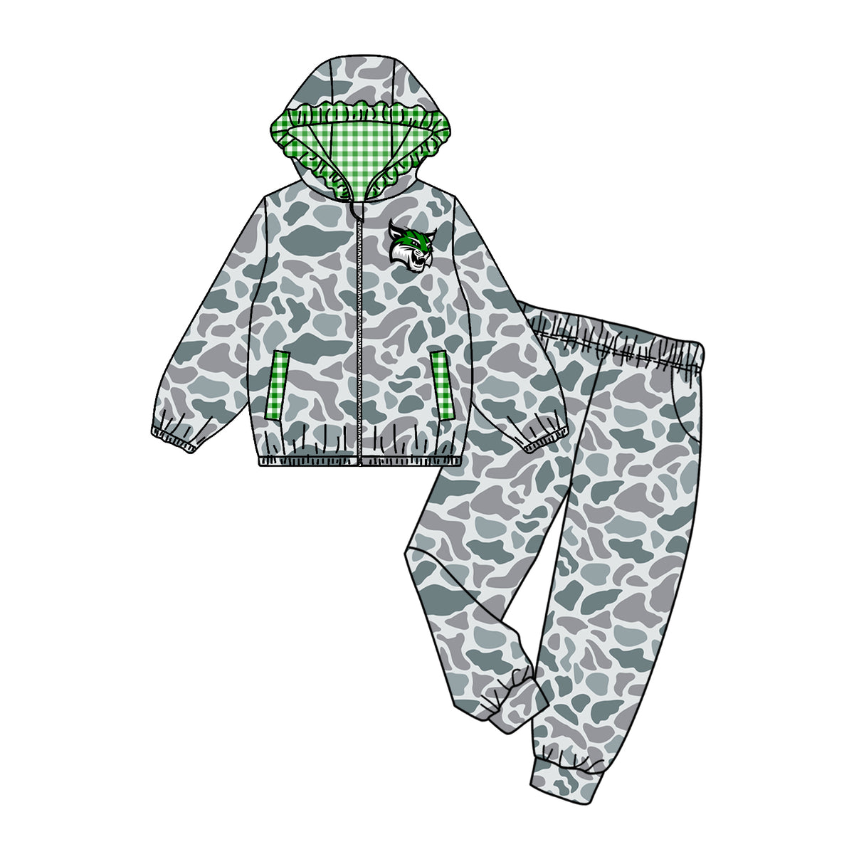 custom moq 5 mix size TYLA0103 Adult Team Camouflage Hoodie Tracksuit Plaid Lining Zipper Hooded Jacket Jogger Pants Set