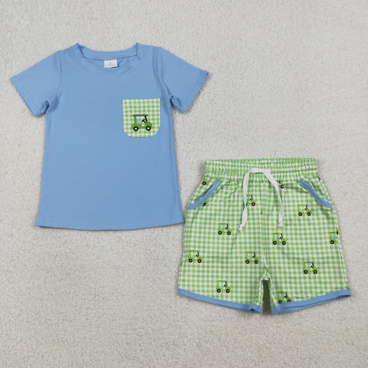 RTS NO MOQ（In Stock) BSSO1672 Embroidered Golf Cart Pocket Light Blue Short-Sleeve Green Plaid Shorts Set