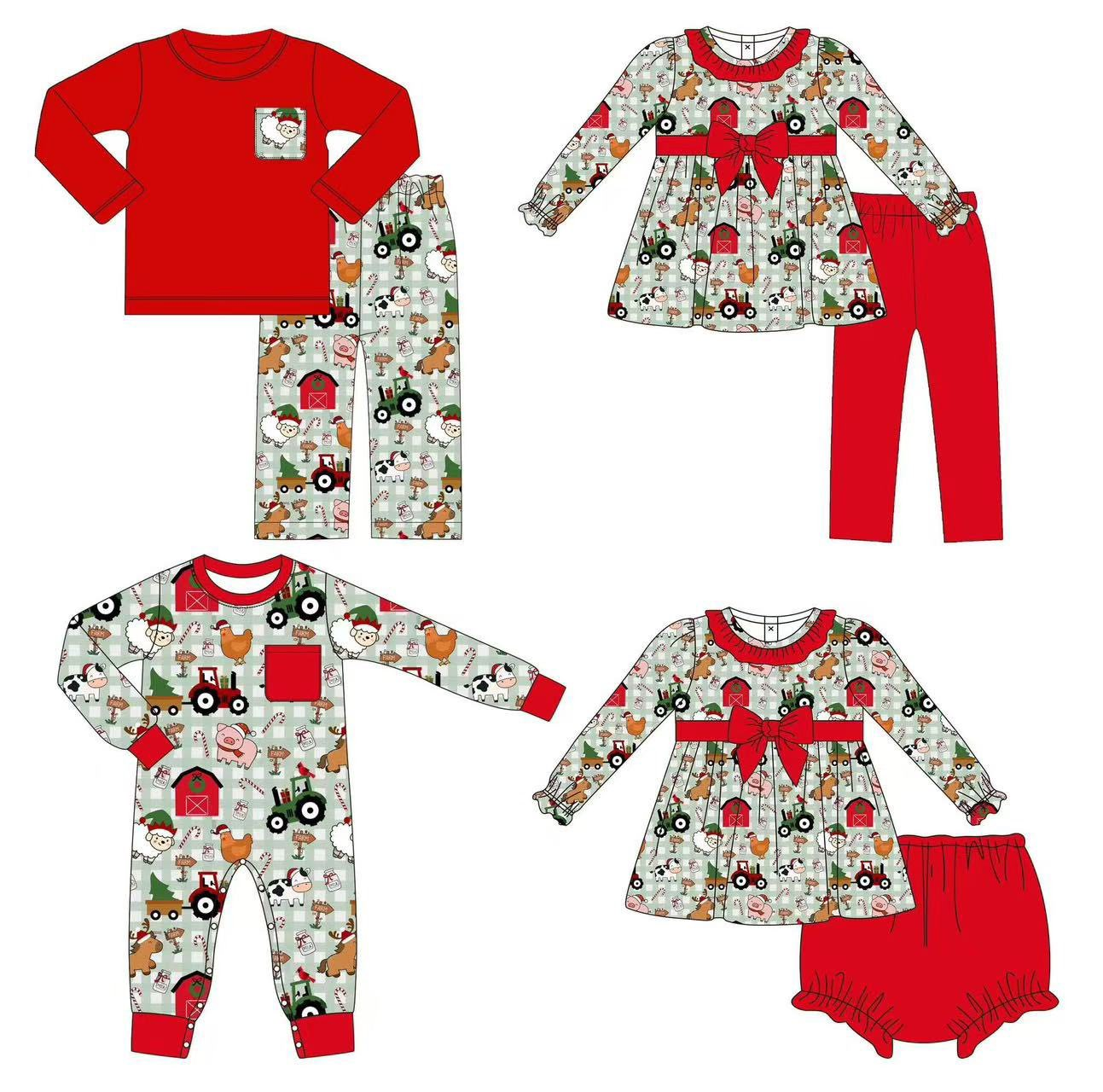 Custom moq 5 each style eta 6-7weeks baby girl clothes farm red long sleeve pants 1 and pants sets 2 and briefs sets and romper