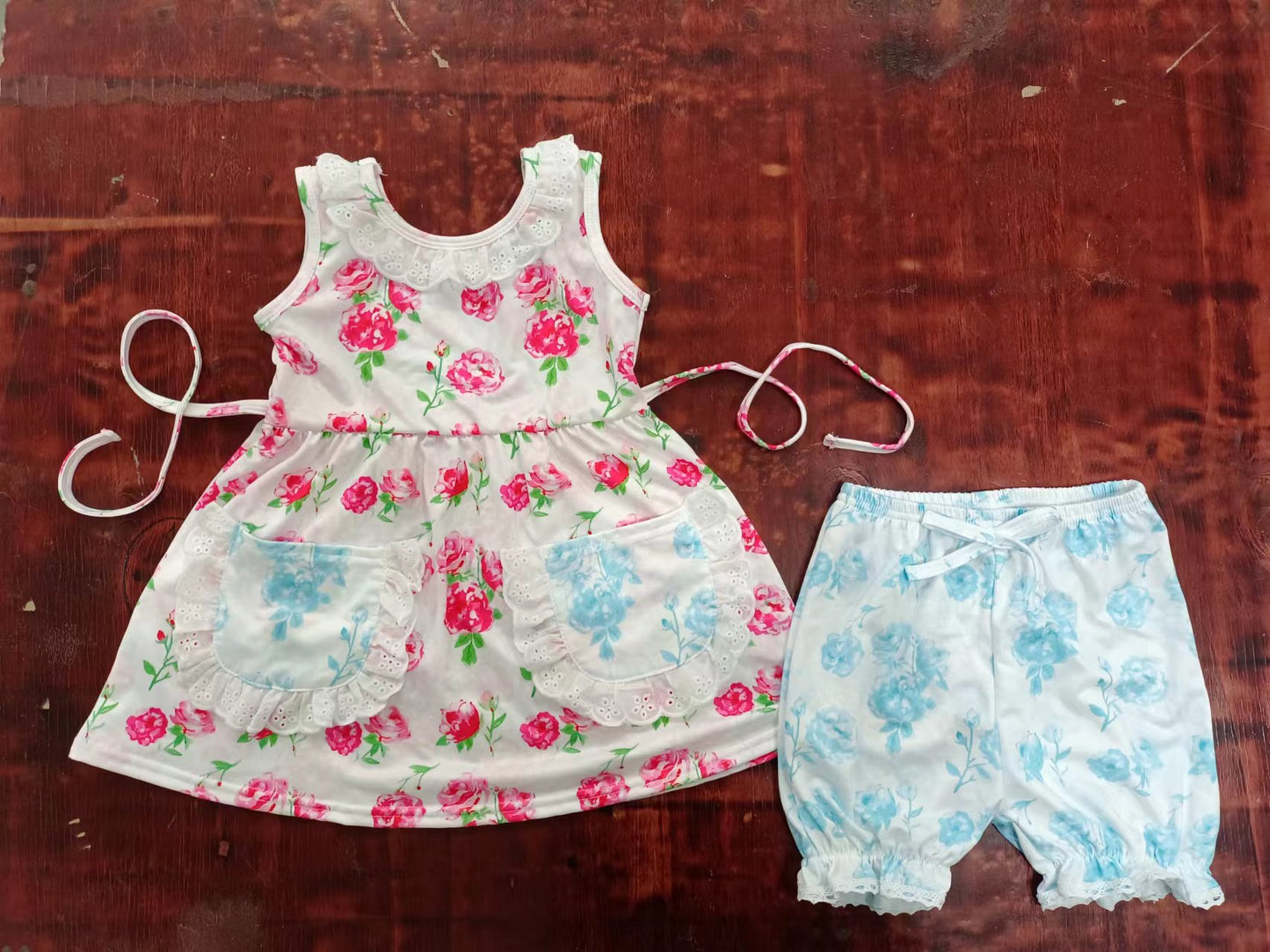 custom moq 5 eta 5weeks summe baby girls clothes pink floral sleeveless shorts Set