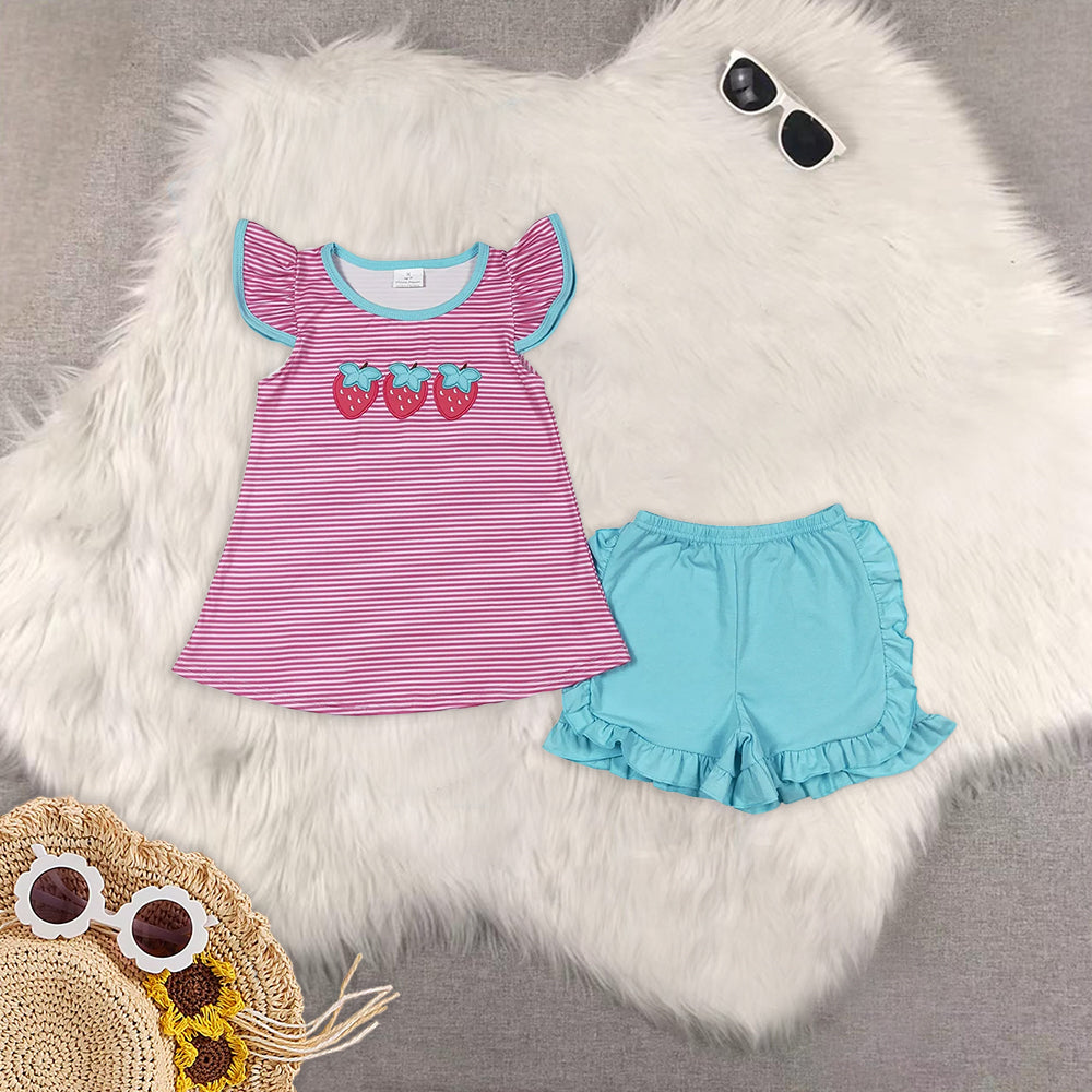 RTS NO MOQ girls clothes Embroidery short-sleeved shorts suit & short-sleeved sets