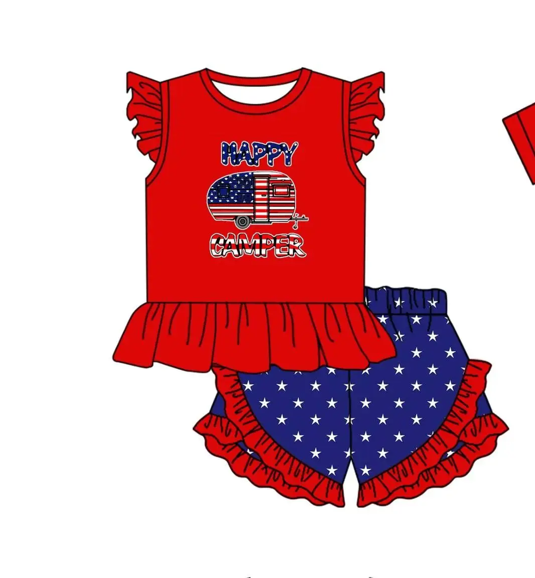 5.17custom each style moq 5eta 4-5week Sibling Sister HAPPY CAMPER print red girls and boys outfits and baby romper match family design