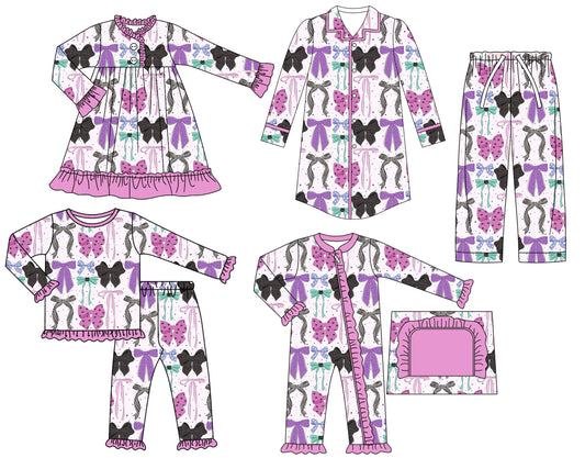 25.6.21 custom each style moq 5eta 4-6week Sibling Sisters bow purple baby girl long sleeve pants sets and adult top and adult pants and romper and dress match family design