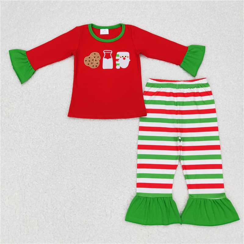 Baby Girls boys Christmas style Santa Claus cookies milk print red red and green stripes Sibling Rompers Clothes Sets