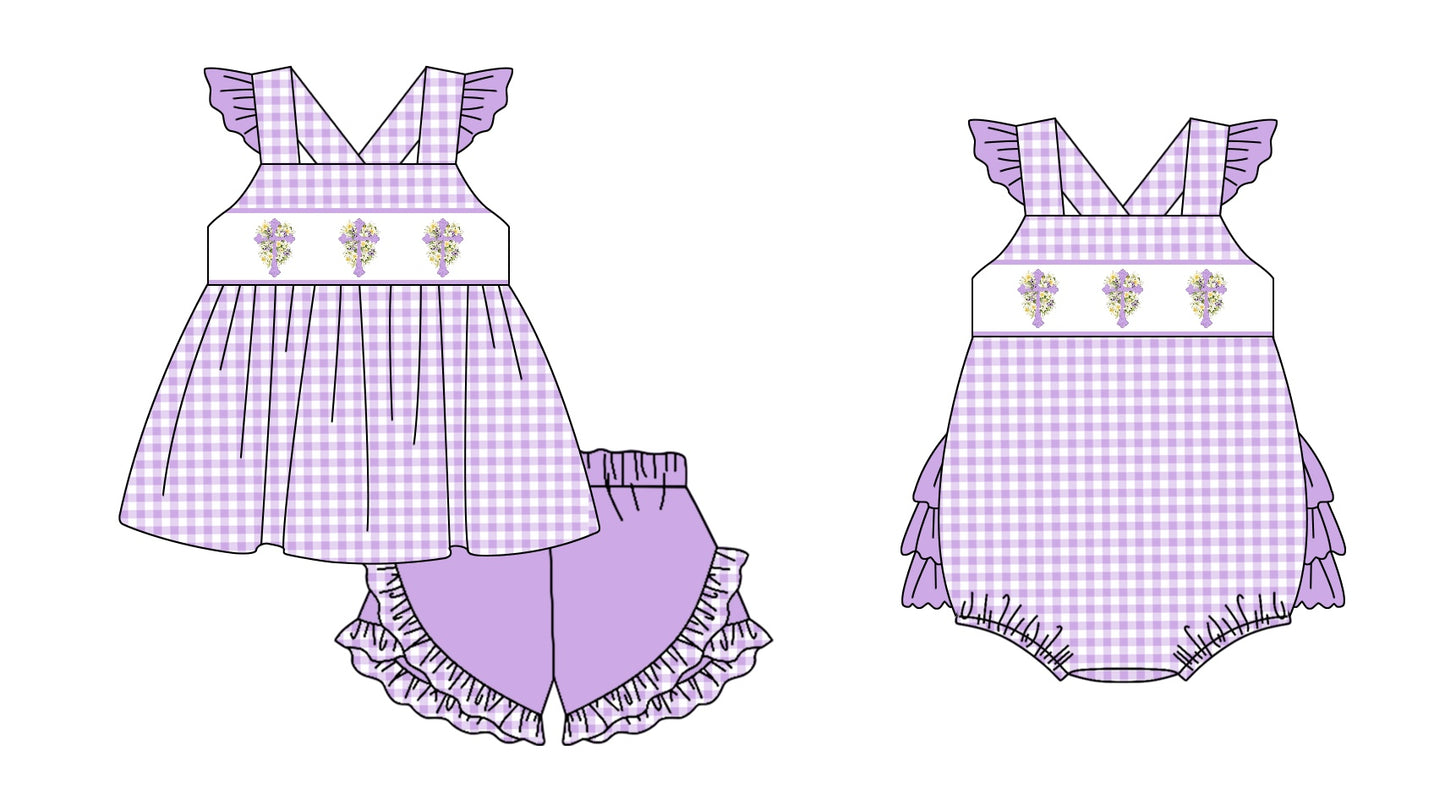 11.1 custom each style moq 5eta 4-6week Sibling Sister floral purple baby girl short sleeve shorts sets and rompers match design