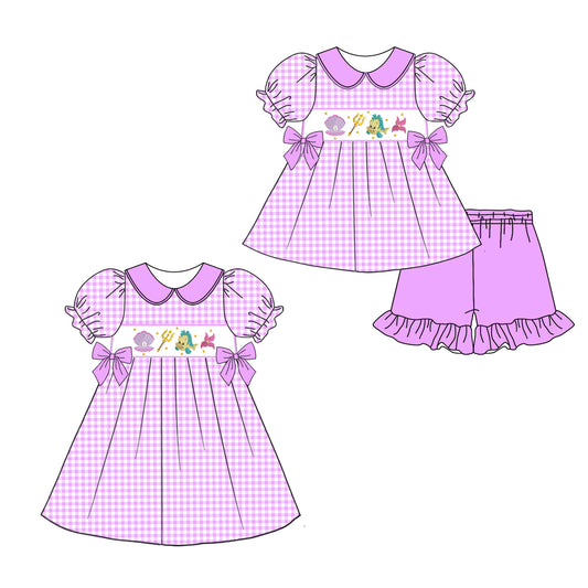 4.4 custom each style moq 5eta 4-6week Sibling Sister purple baby girl short sleeve shorts sets and dresses match design