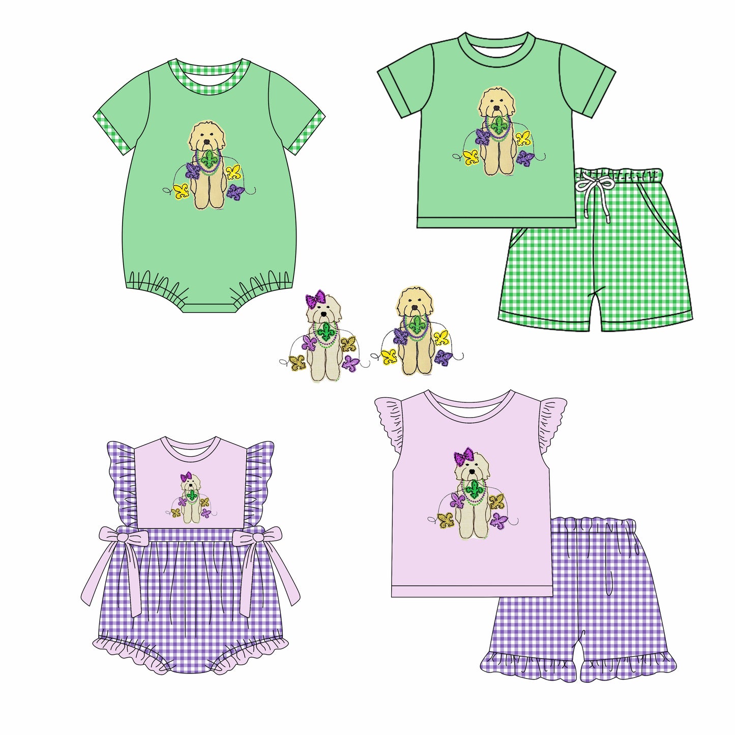 12.2 custom each style moq 5eta 4-6week Sibling Sister mardi gras dog baby girl short sleeve shorts sets and sets 2 and girls romper and boy romper match design