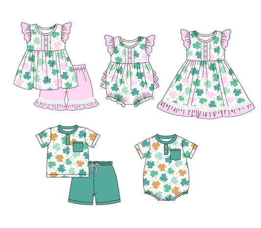 11.3 custom each style moq 5eta 4-6week Sibling Sister lucky baby girl short sleeve shorts sets and briefs sets 2 and girls romper and boy romper and dress match design