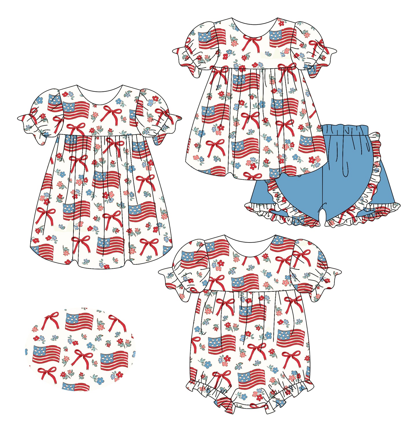 2.17 custom each style moq 5eta 4-6week Sibling Sisters bow flag baby girl short sleeve shorts sets and dress and rompers match family design