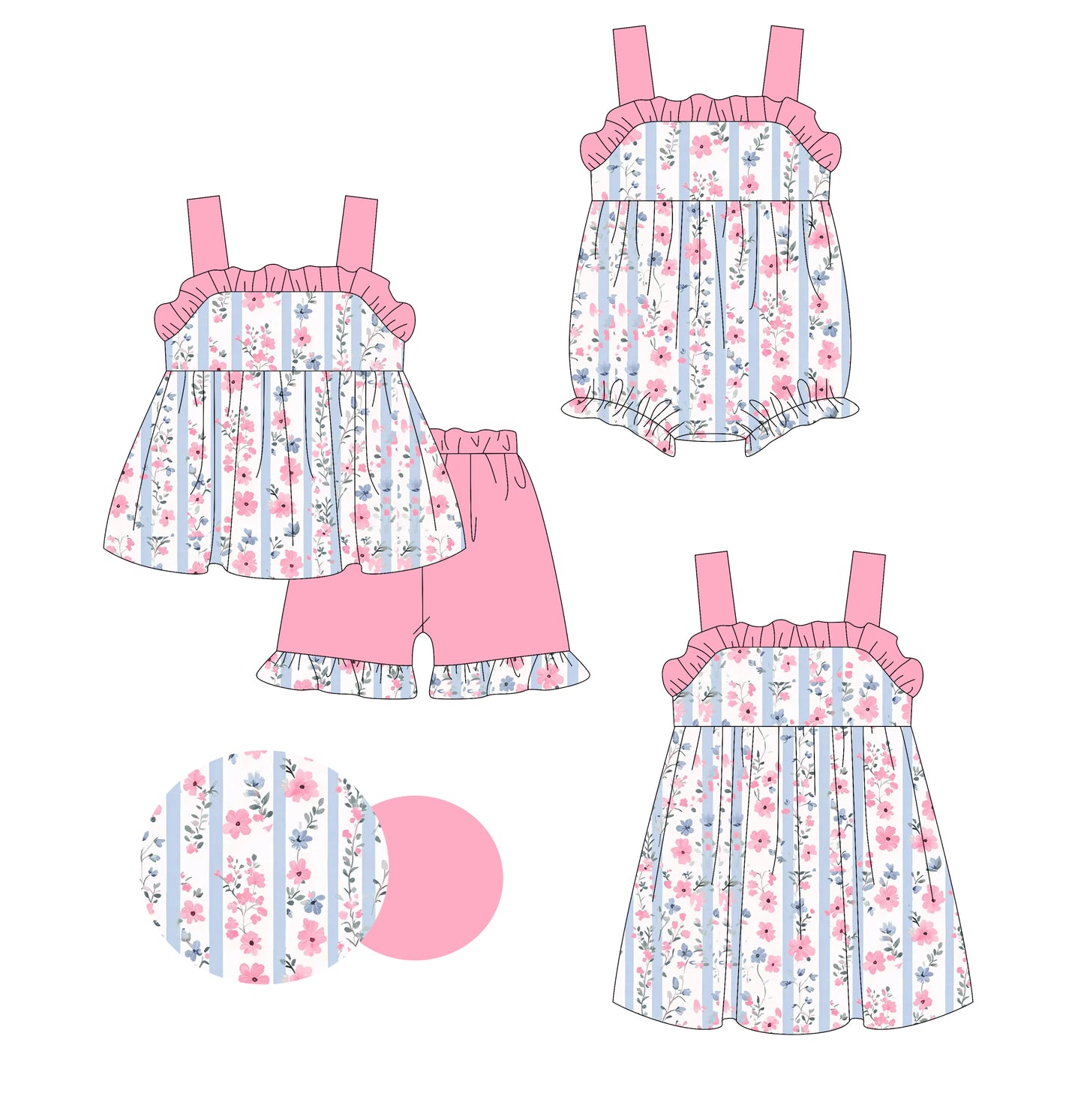 3.1 custom each style moq 5eta 4-6week Sibling Sister floral baby girl short sleeve shorts sets and dress and rompers match family design