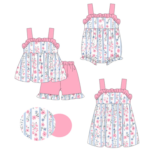 3.1 custom each style moq 5eta 4-6week Sibling Sister floral baby girl short sleeve shorts sets and dress and rompers match family design