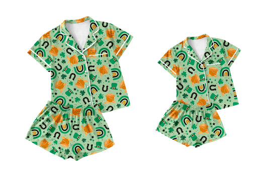 12.4 custom each style moq 5eta 4-6week Sibling Sister rainbow green baby boys short sleeve shorts sets and adult sets match design
