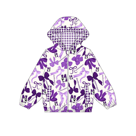 Custom moq 5 mix size milk silk summer teams baby girls clothes lace bow purple hooded long sleeve top-25.9.2