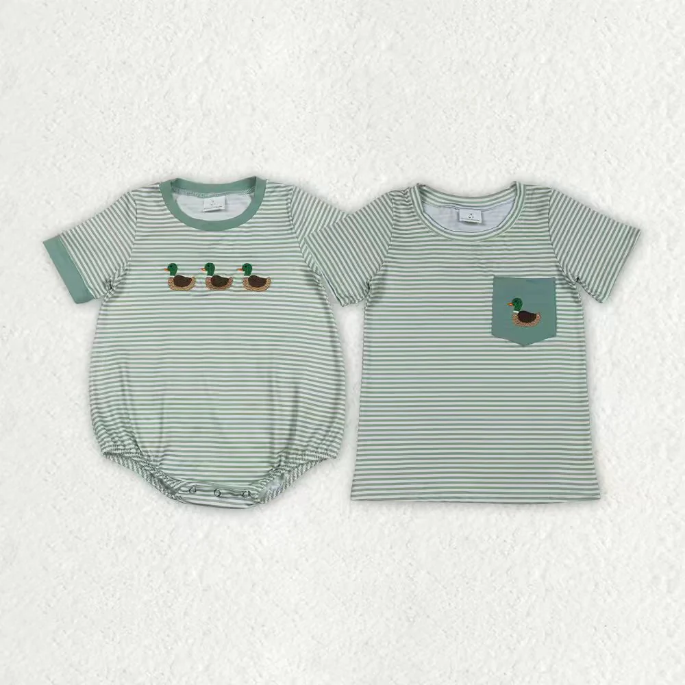 RTS NO MOQ Sibling Baby girl clothes embroidery duck short sleeved top & rompers