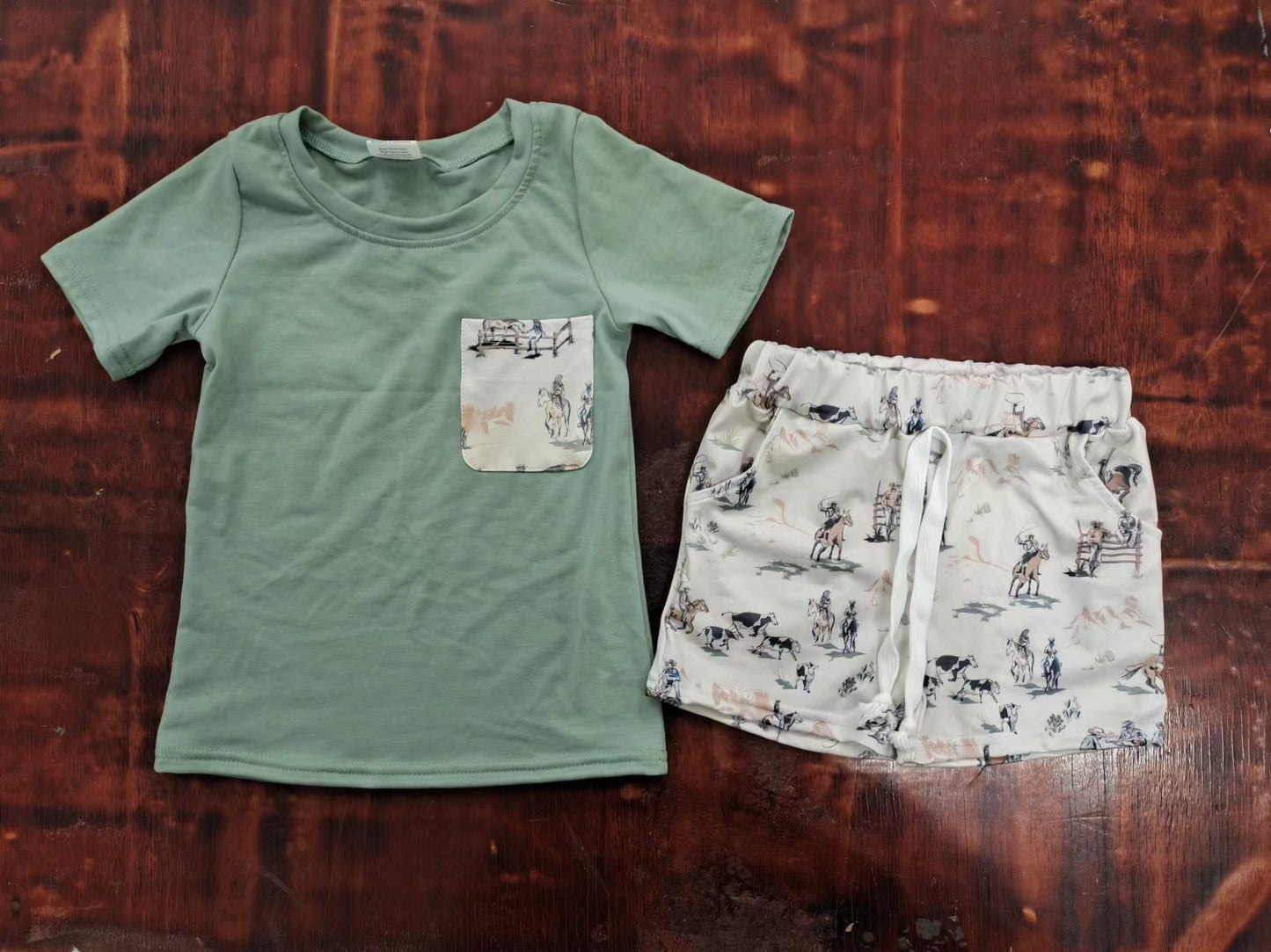 custom moq 5 eta 5weeks mix size summer boys clothes green short sleeve shorts sets