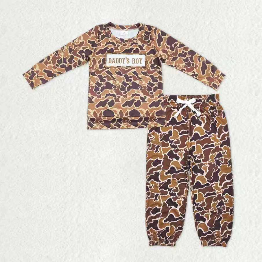 RTS NO MOQ（In Stock) baby boys clothes DADDY camouflage long Sleeve pants sets