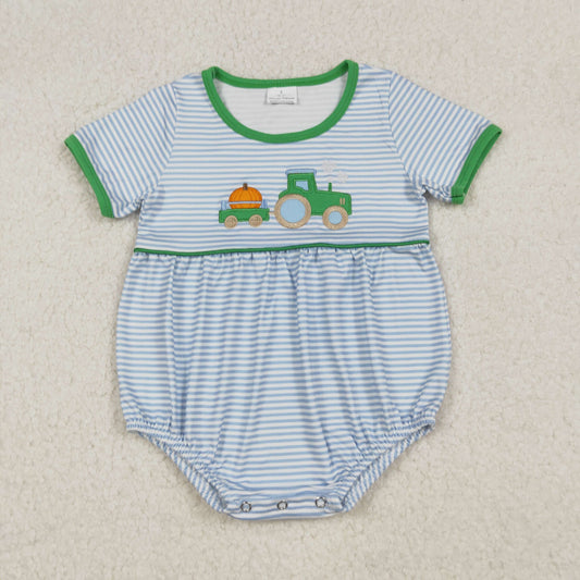 RTS NO MOQ（In Stock) SR3201 Embroidered Pumpkin Tractor Blue Striped Short-Sleeved Bodysuit