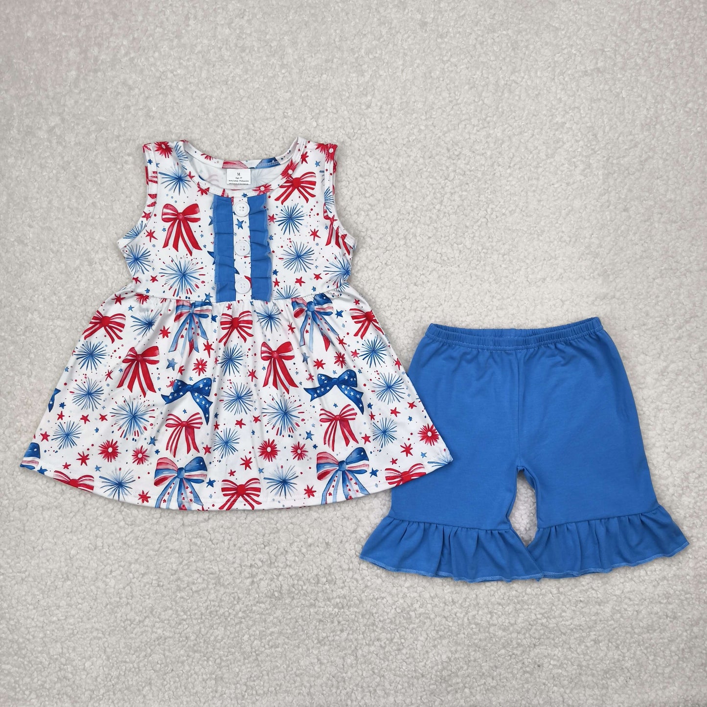 RTS NO MOQ GSSO2346 National Day bow pattern star fireworks white sleeveless blue shorts set