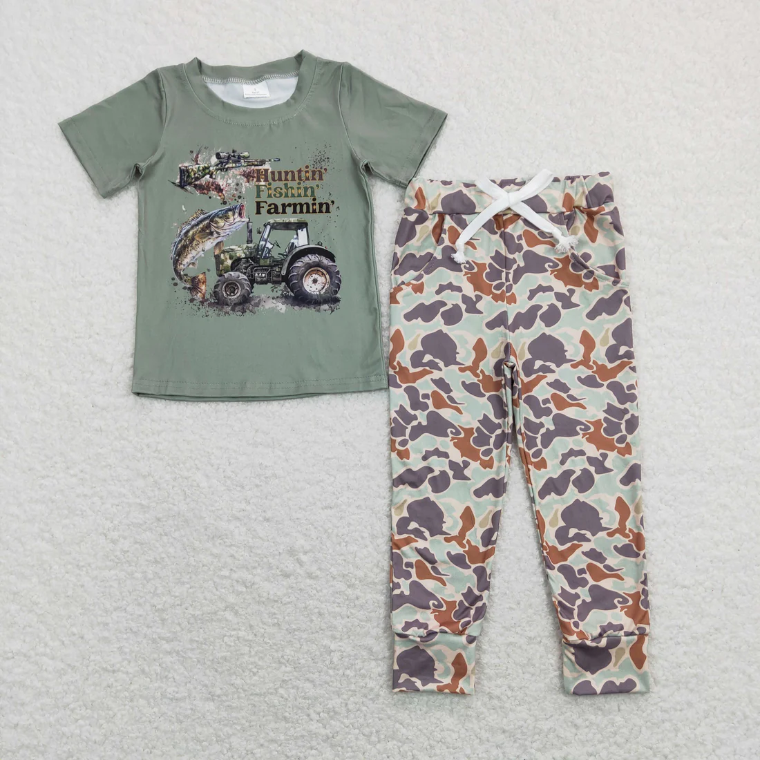 RTS NO MOQ Sibling Baby boy clothes duck puppy camouflage Short Sleeve pants Suits