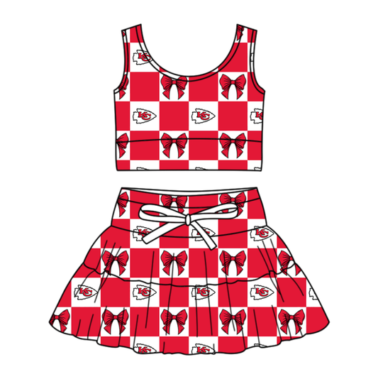 Custom moq 3 or 5 mix size milk silk summer teams baby girl clothes bow red sleeveless skirts sets