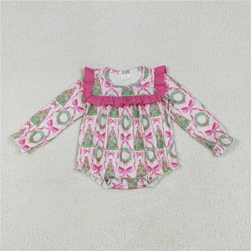 Baby Girls Christmas Bows Trees Wreath Collection - Magenta Ruffle Flare Pant Set & Romper