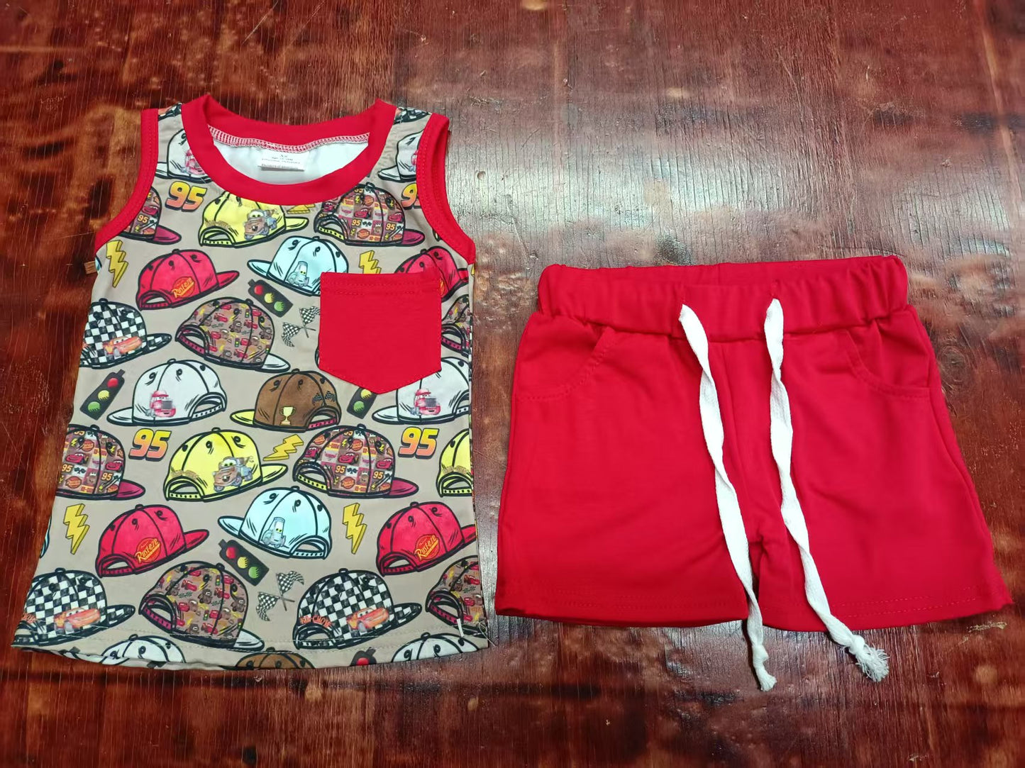 Custom moq 3 eta 6-7weeks baby boys clothes cars hats red Sleeveless shorts sets-25.5.9
