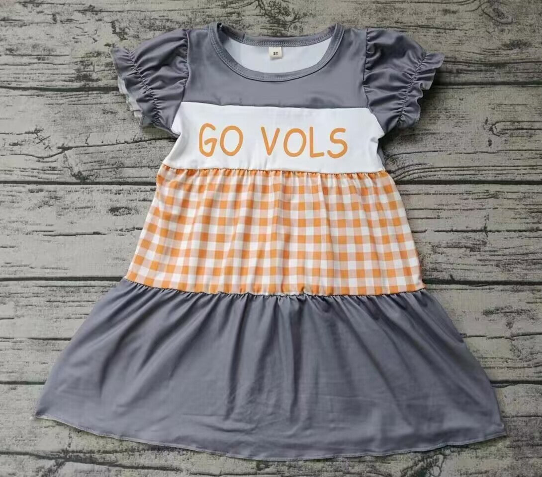 custom moq 3 eta 6-7weeks Grey and Orange Plaid Puff Short Sleeve Dress