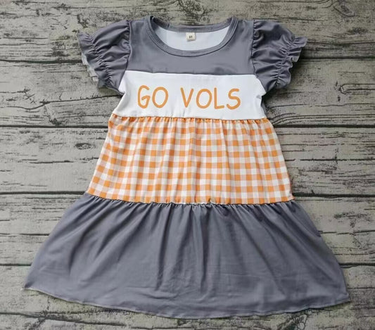 custom moq 3 eta 6-7weeks Grey and Orange Plaid Puff Short Sleeve Dress