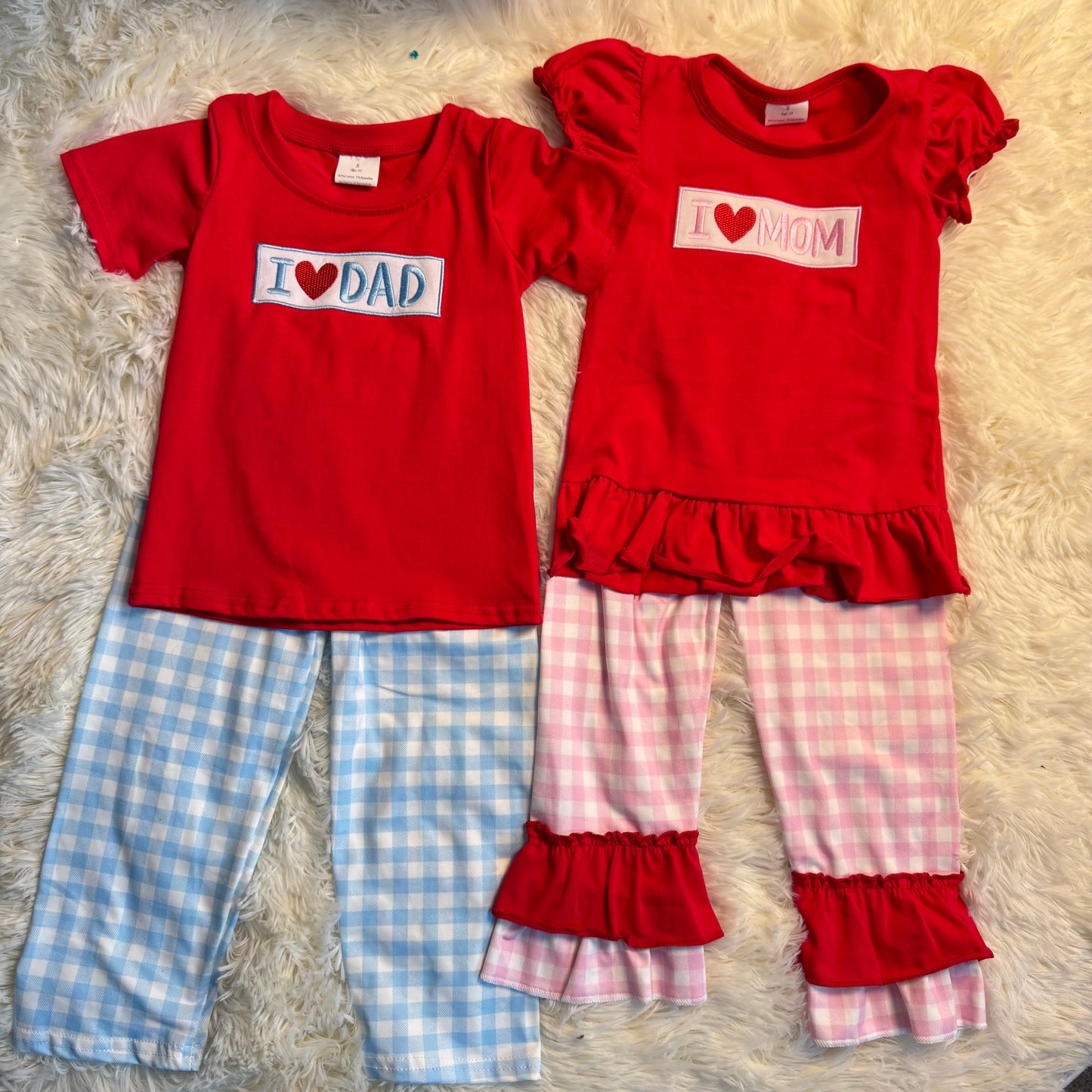 RTS NO MOQ Sibling baby girl boy clothes Embroidered i loe dad mom short-sleeved pants sets