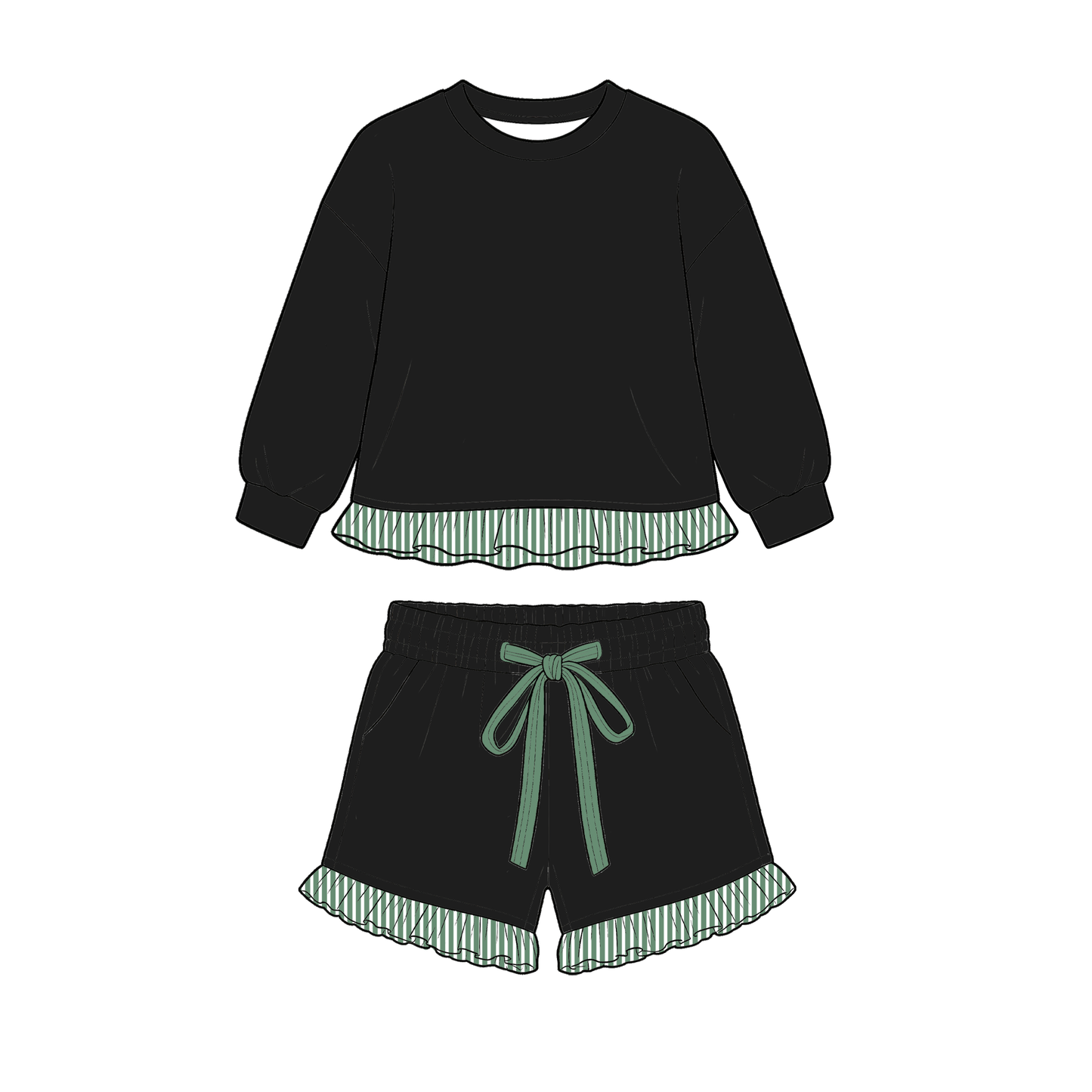 moq 3 GSLS01 Baby Girls Long Sleeve Crewneck Sweatshirt Stripe Ruffle Hem Matching Shorts With Drawstring Pockets Outfit Set
