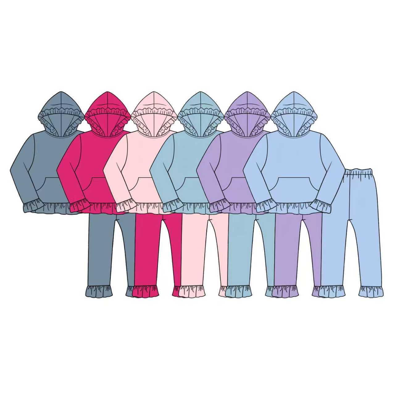 custom moq 5 mix size KYMN0101 Baby Ruffle Trim Hoodie Sweatshirt And Ruffle Cuff Leggings Set Fall Casual Kids Long Sleeve Outfit With Front Pocket