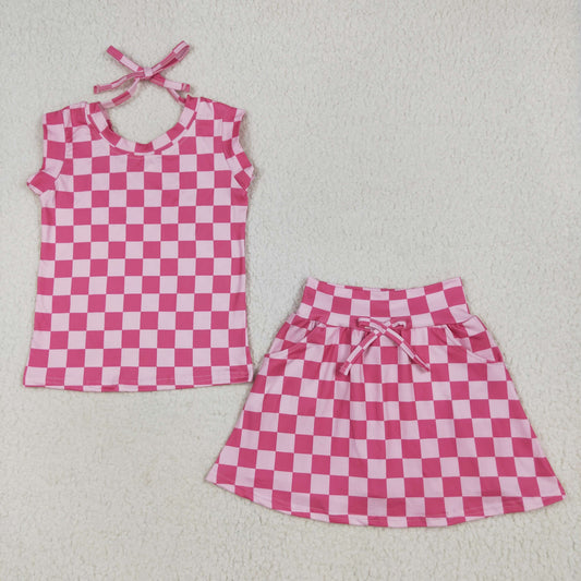 RTS NO MOQ GSD2584 Rose red plaid lace sleeveless pants skirt set