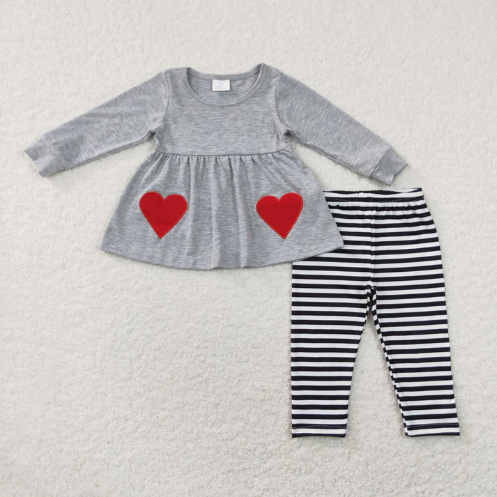 RTS NO MOQ Sibling Baby girl clothes valentine embroidery love long-sleeved trousers suits