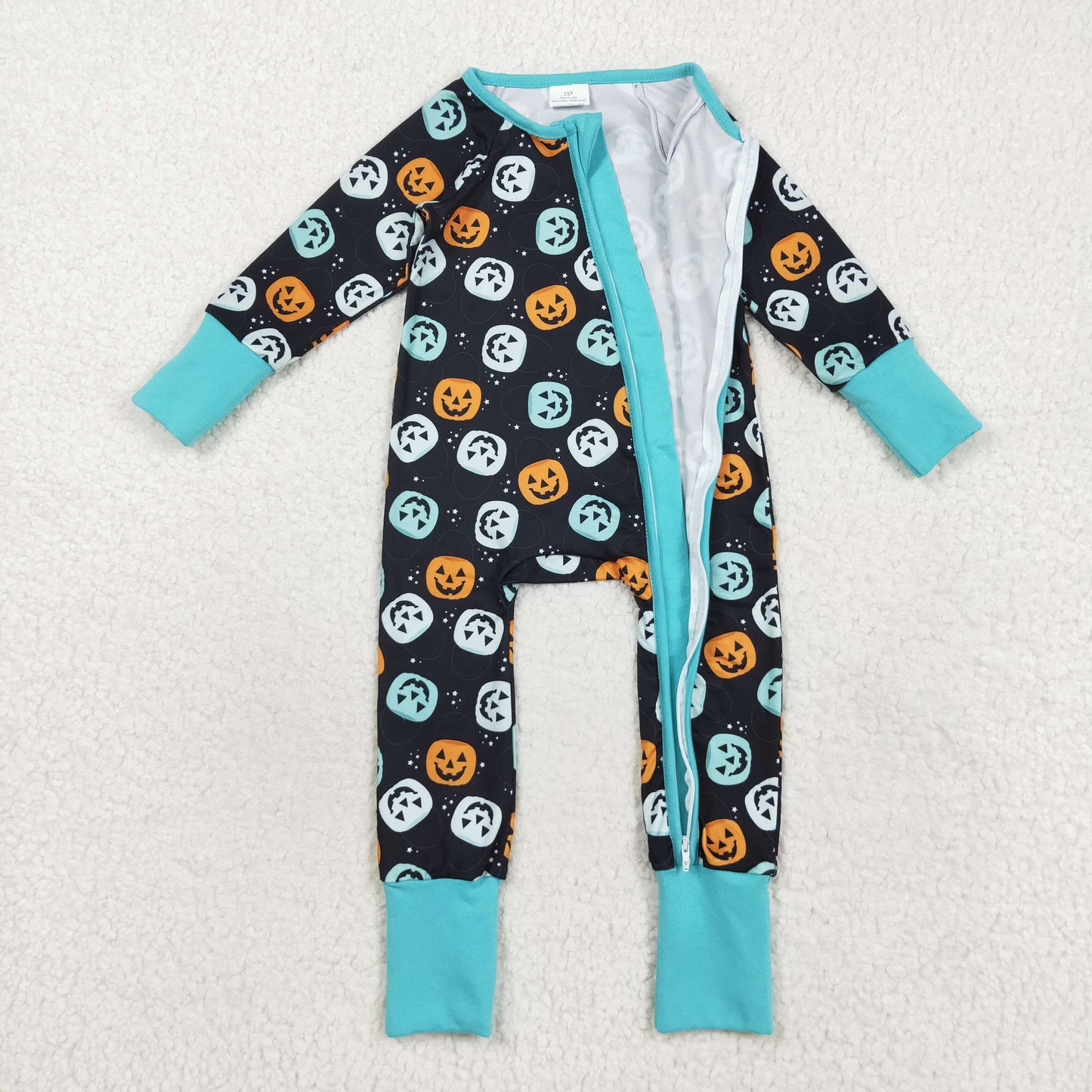RTS NO MOQ（In Stock) LR2465 Halloween pumpkin black blue zipper long sleeve jumpsuit